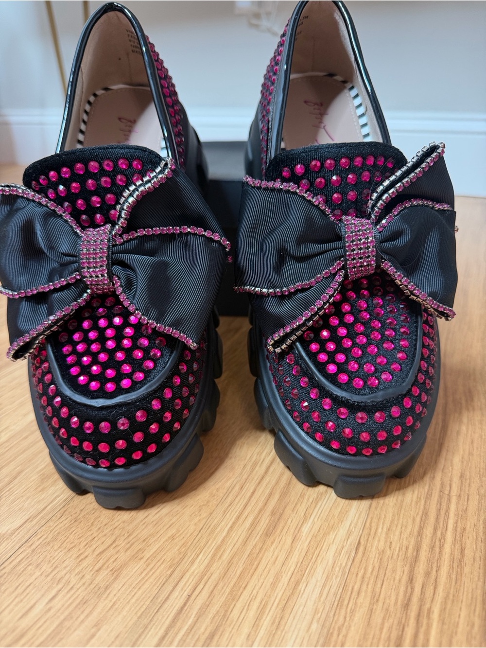 Betsey Johnson Black Loafers with Hot Pink Crystal Embellishments and Bow